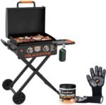 22 Inch Blackstone Griddle with Hood and Grill Stand Foldable Outdoor Flat Top Grill Propane Portable Gas Grill with Seasoning, and Blackstone Gloves  Patio, Lawn & Garden